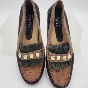 Van Eli Loafer Brown Green Faux Snakeskin Styled in Italy Size 6.5 Gold Accents